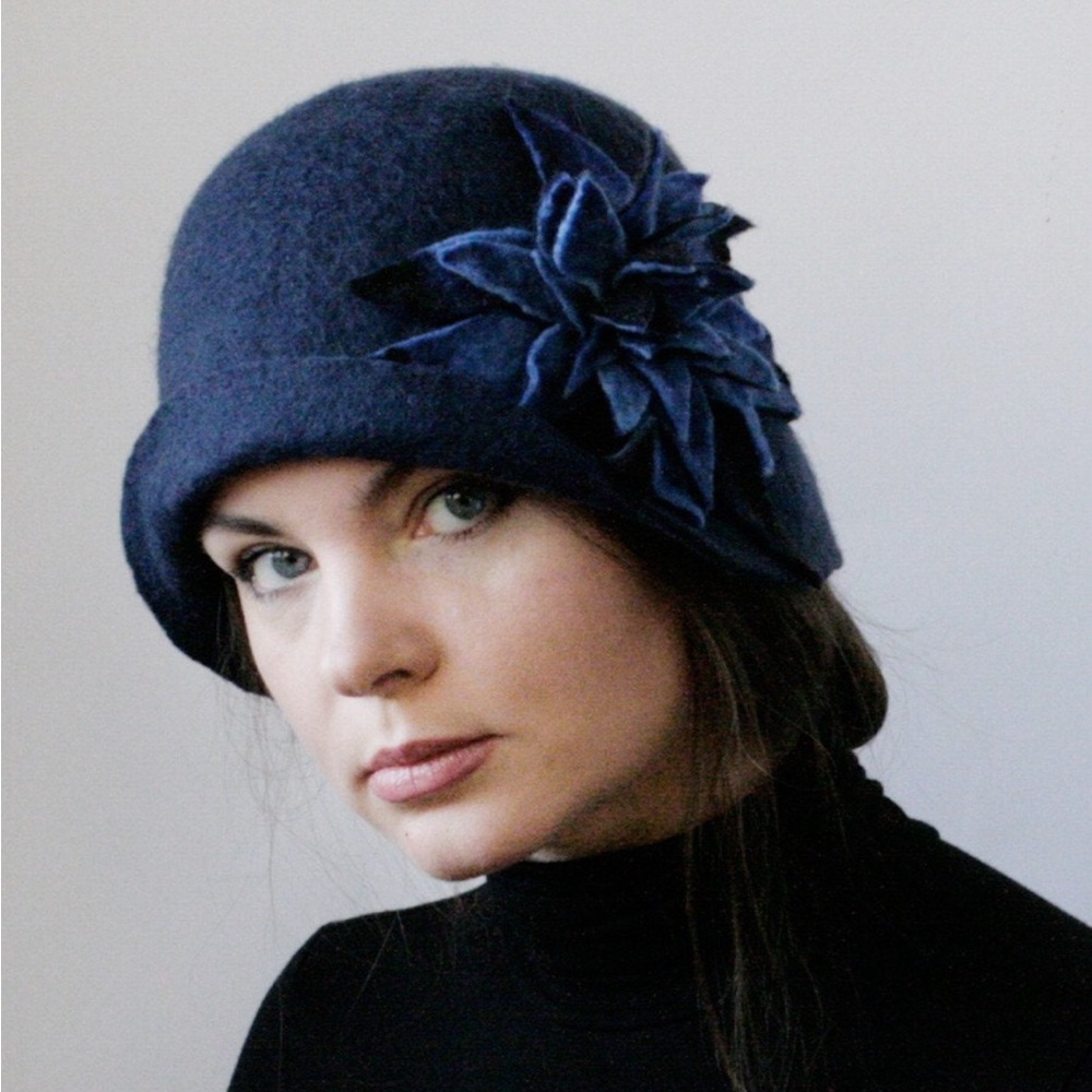 Navy Blue Merino Wool Handmade Cloche Hat Medium
